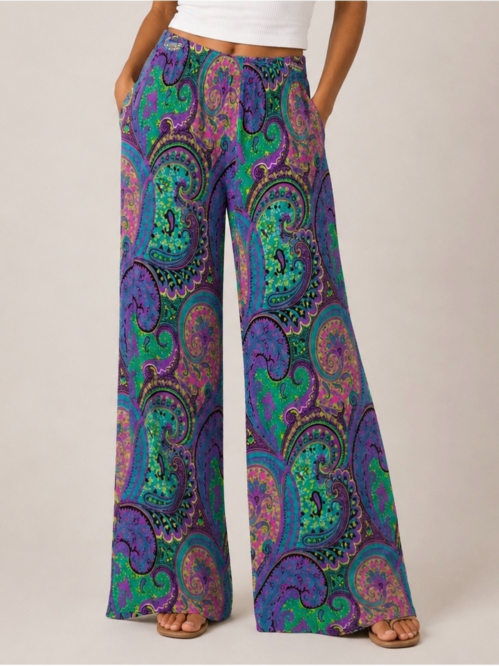 Wide-Leg Paisley Pants in Purple & Green
